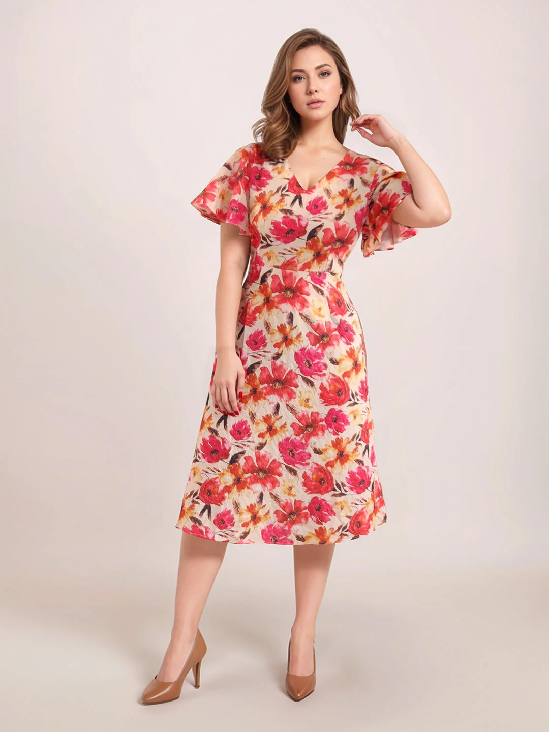 Multi-Colored Floral Prints Half Sleeves Midi Dress