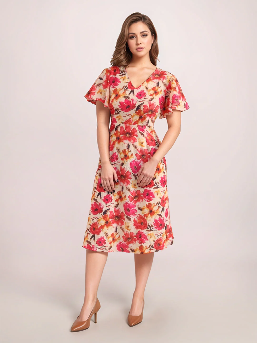 Multi-Colored Floral Prints Half Sleeves Midi Dress - Image 2