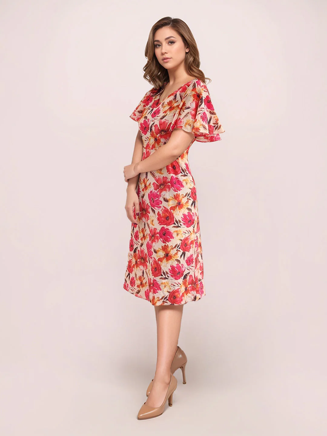 Multi-Colored Floral Prints Half Sleeves Midi Dress - Image 5
