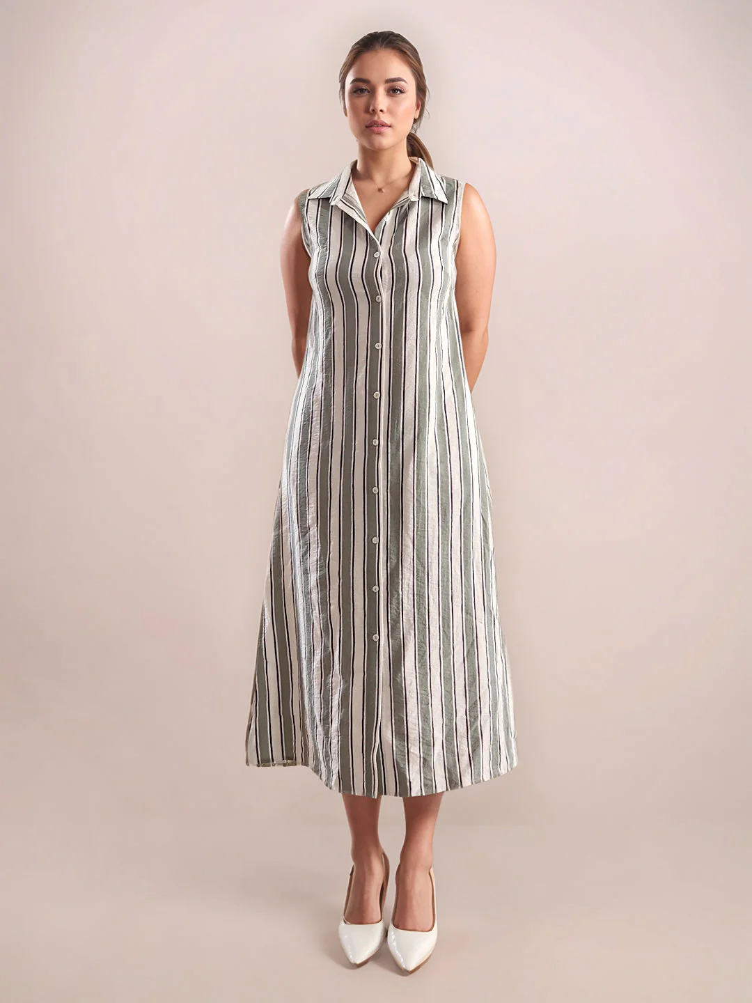 Zink London Women's Green Stripes Midi Dress - Image 2