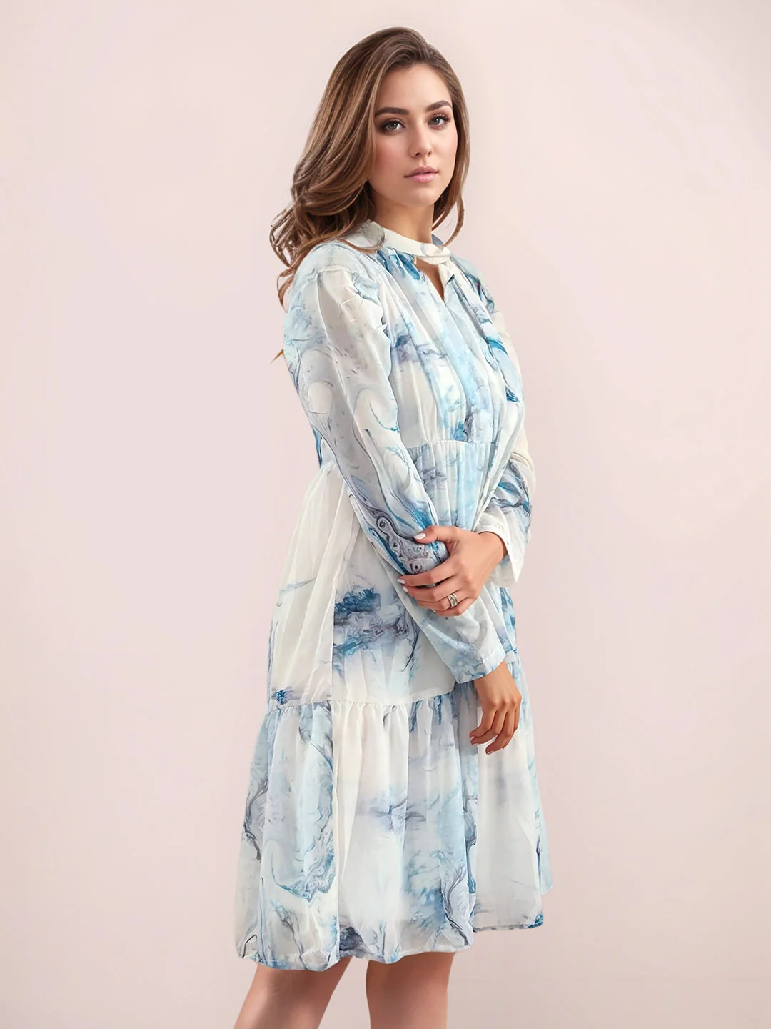 Multi-Colored Abstract Prints Long Sleeves Midi Dress - Image 3