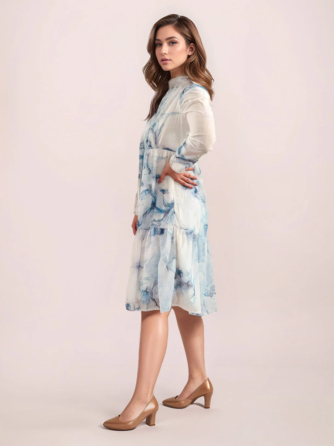 Multi-Colored Abstract Prints Long Sleeves Midi Dress - Image 5