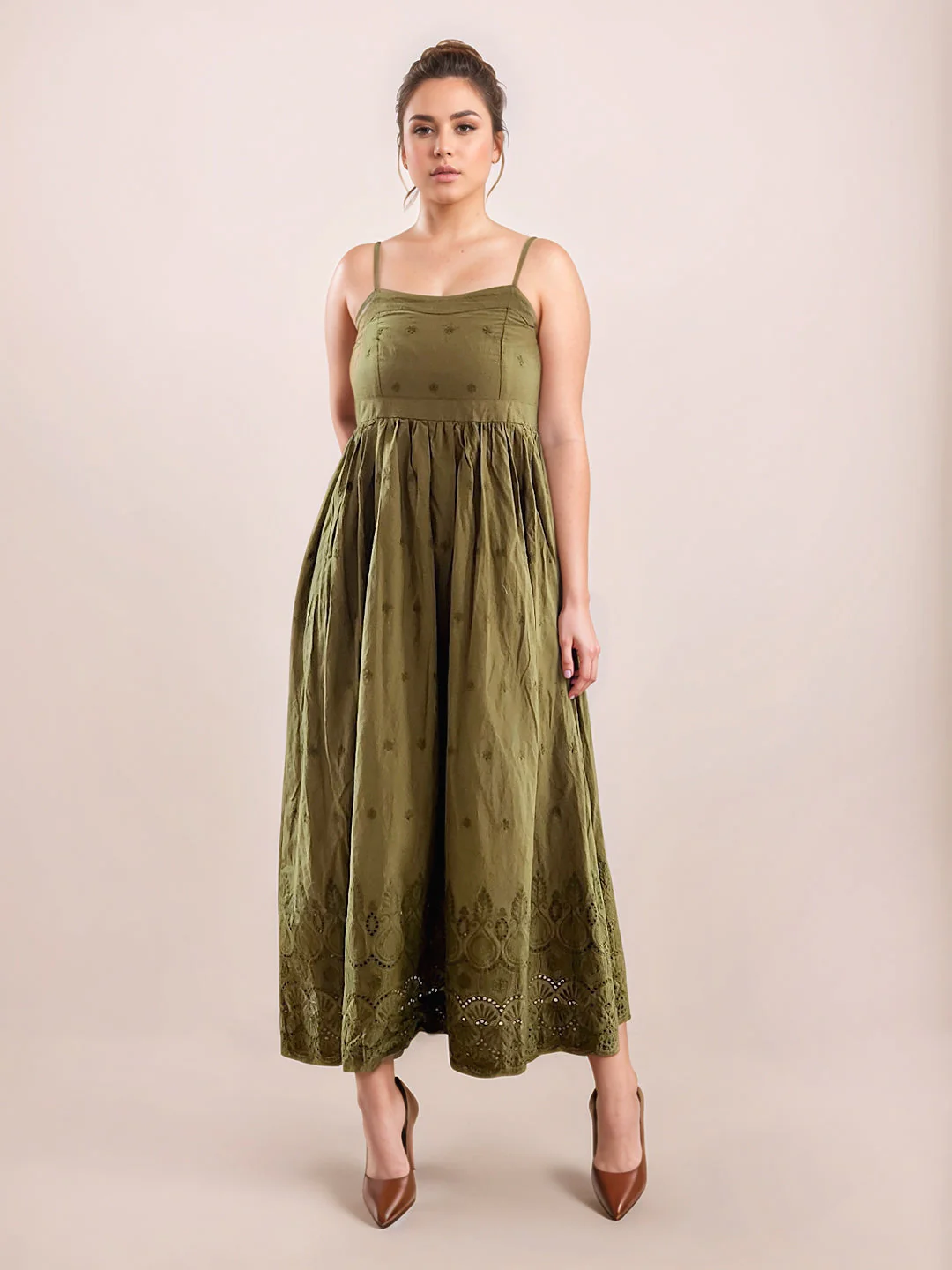 Olive Solid Sleeveless Midi Dress - Image 2