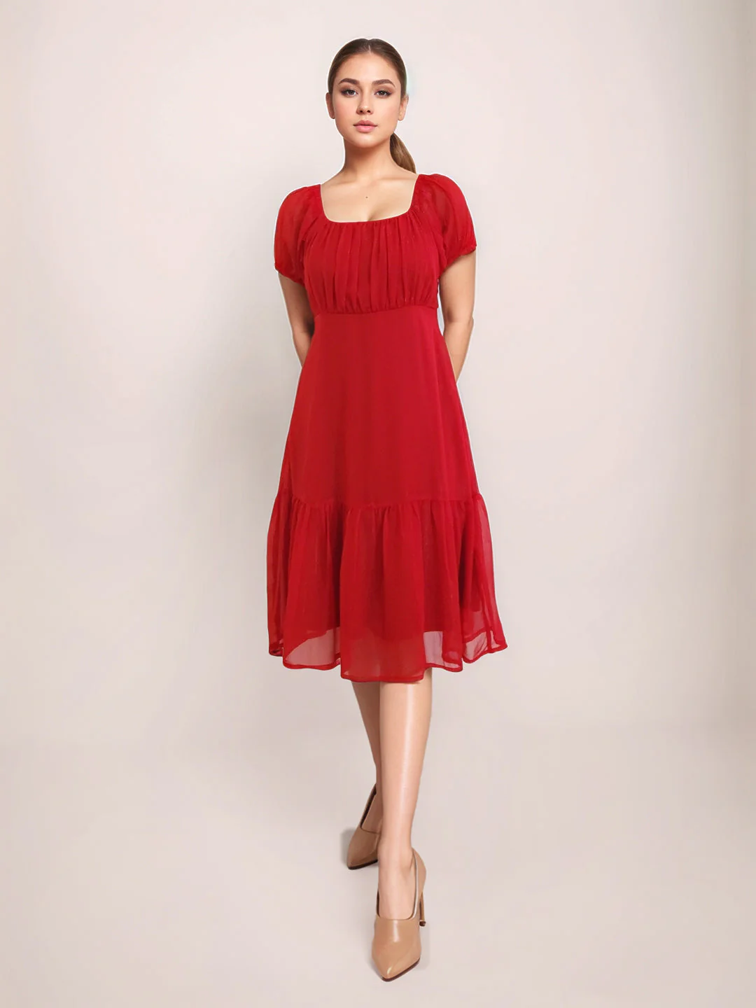 Zink London Women's Red Solid Midi Dress