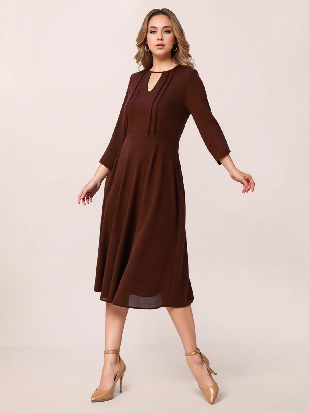 Zink London Women's Brown Plain Midi Dress