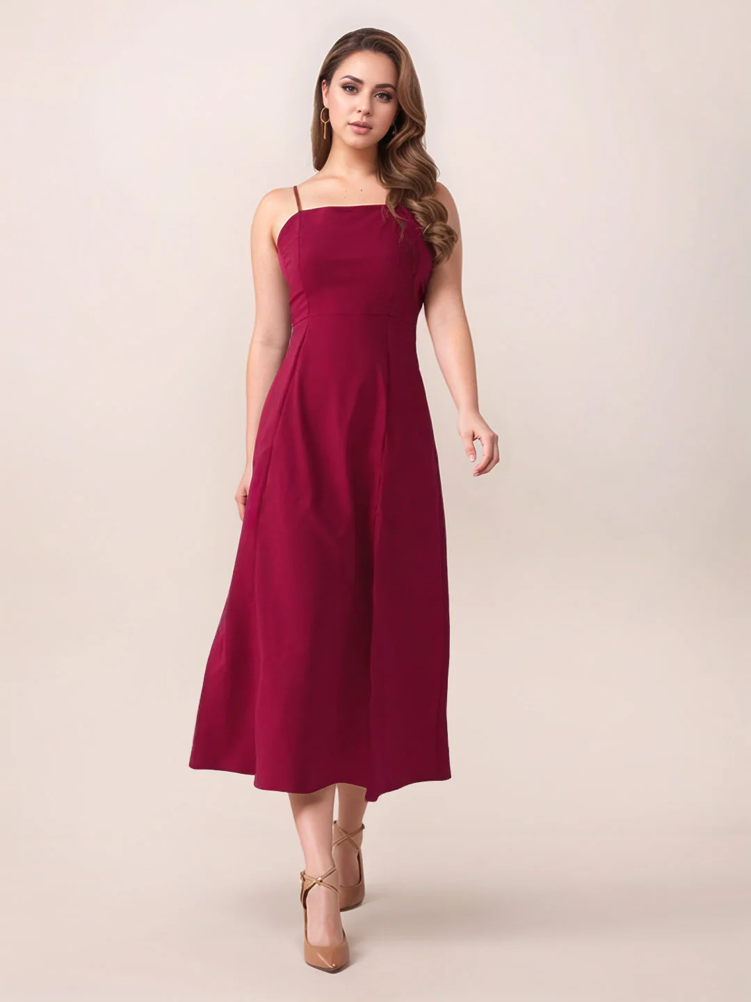 Zink London Women's Red Plain Midi Dress