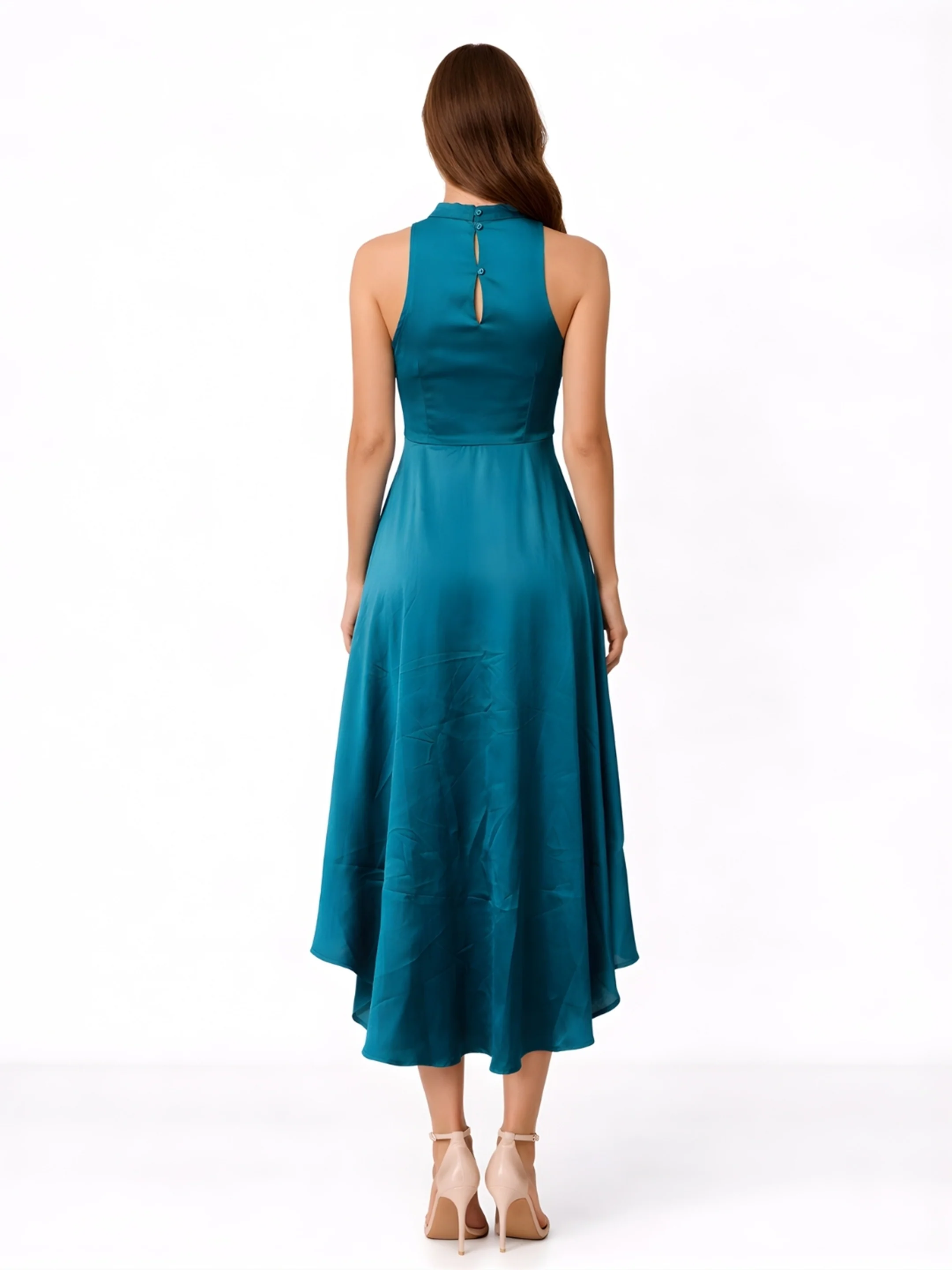 Blue Plain Sleeveless Midi Dress - Image 4