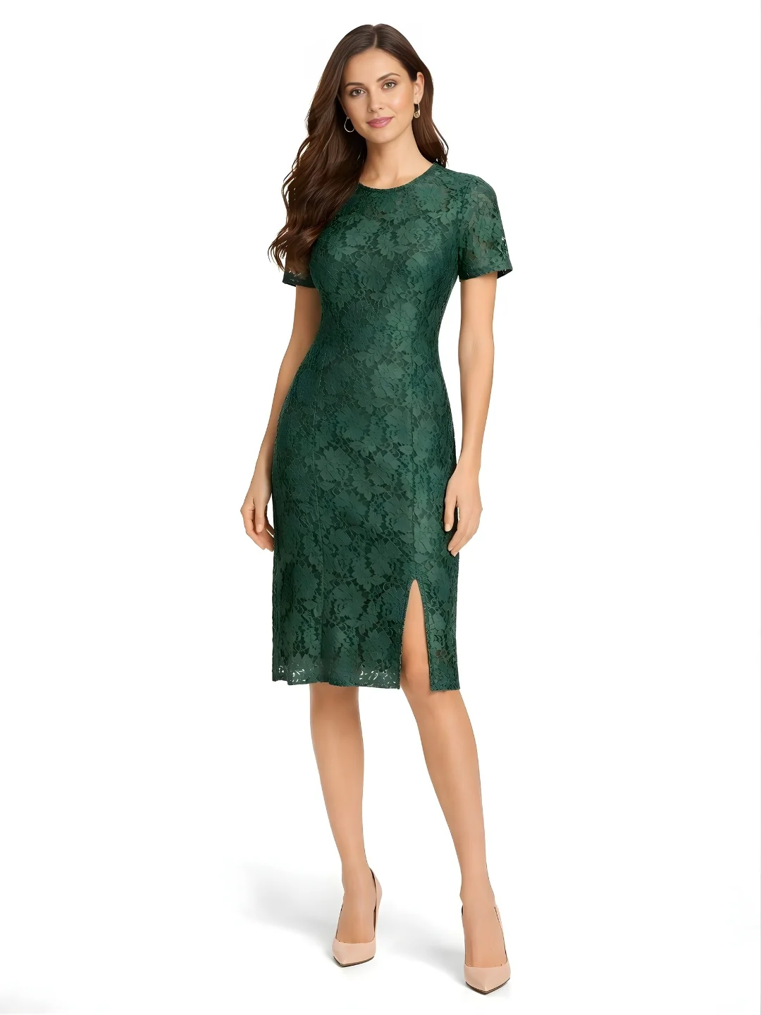 GREEN Lace Half Sleeve Midi Dress