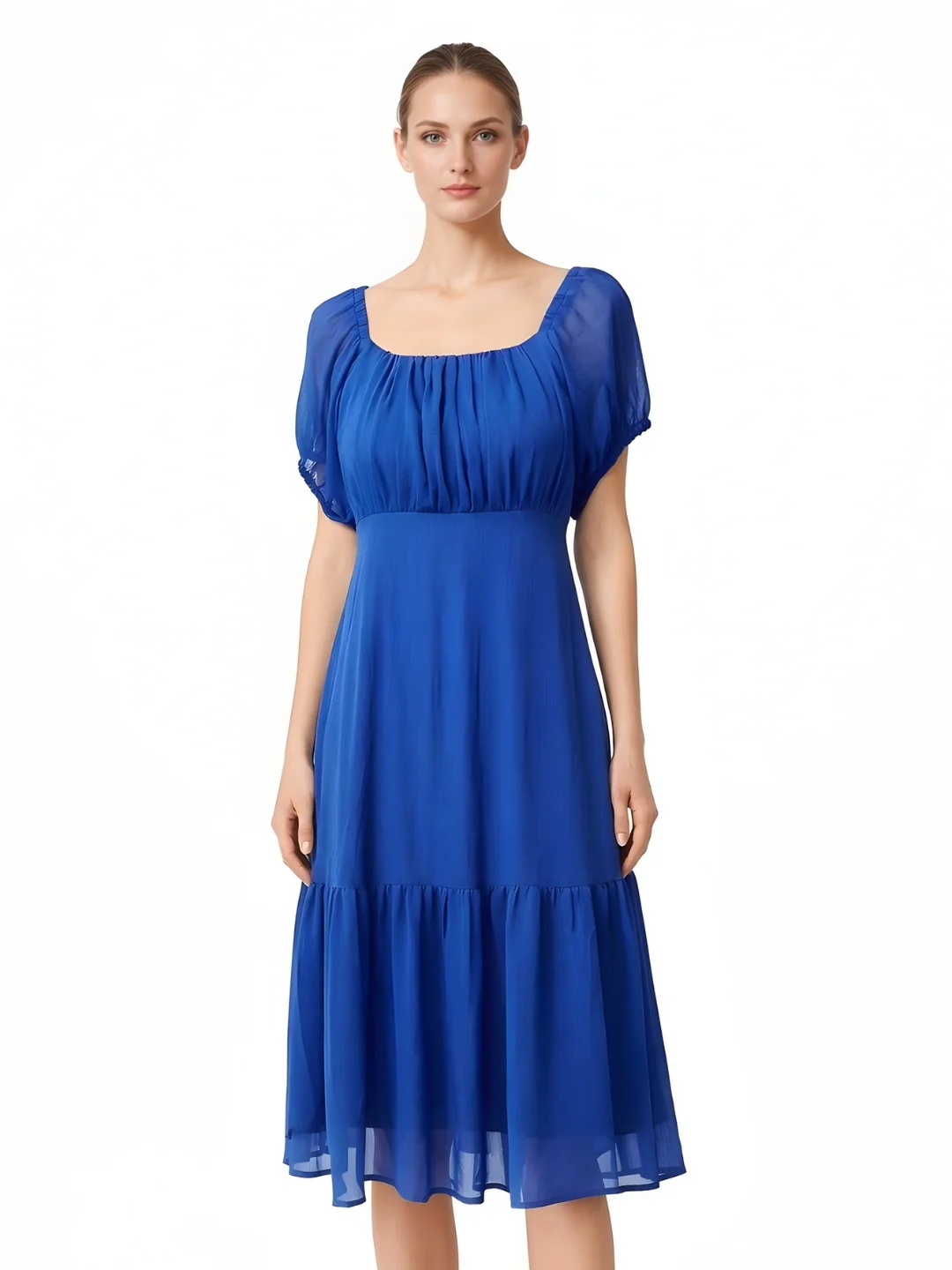 Blue Plain Short Sleeve Midi Dress - Image 2