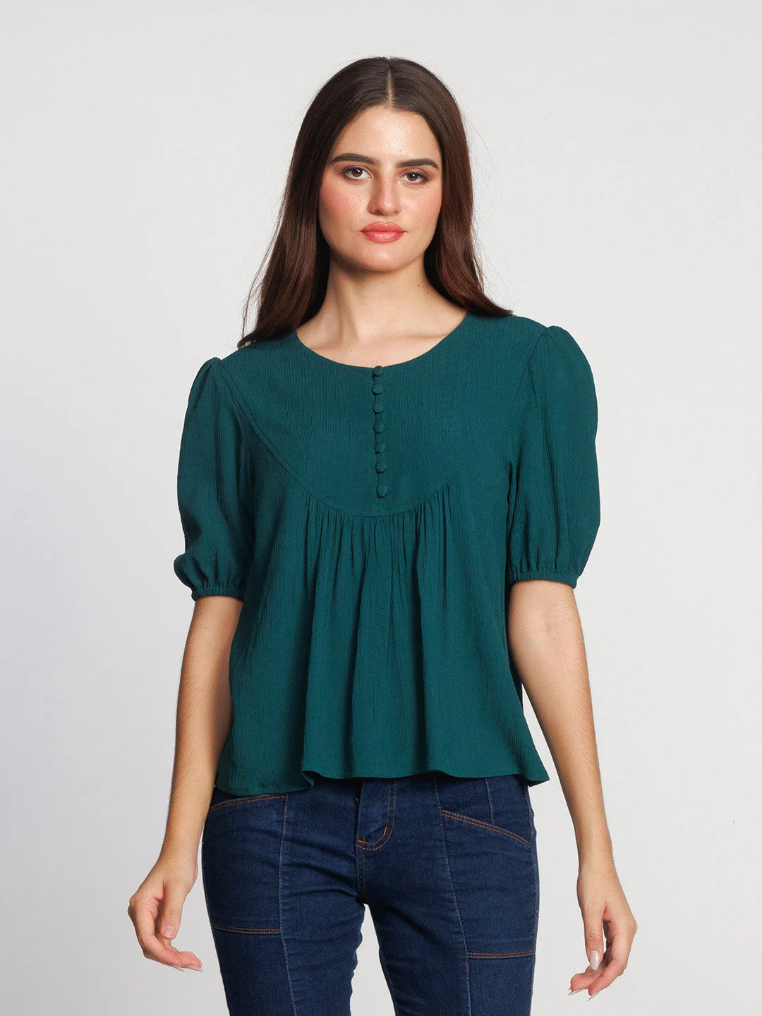 Dark Green Embroidered Flared Top - Image 2