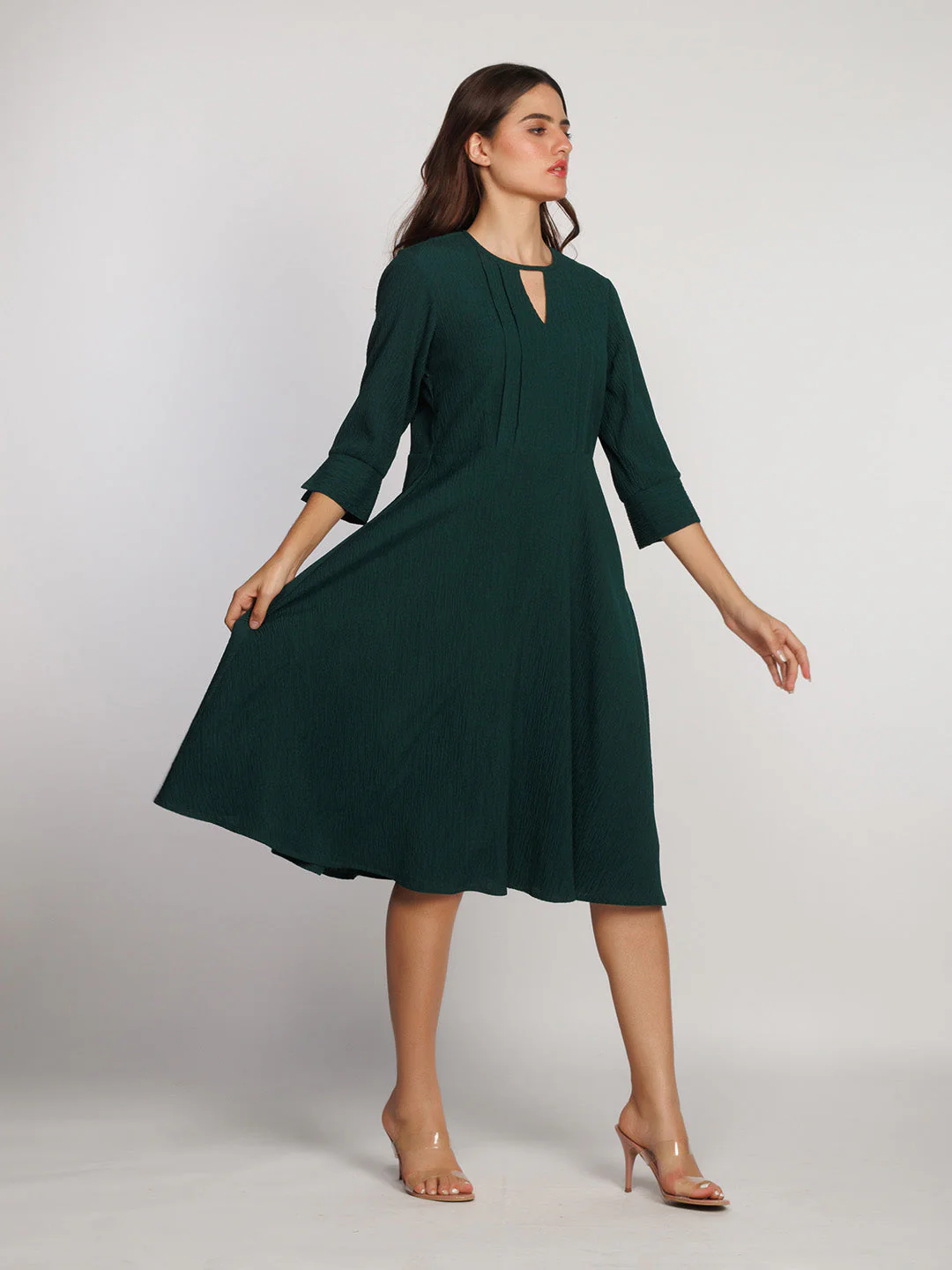 Dark Green Solid A-Line Midi Dress