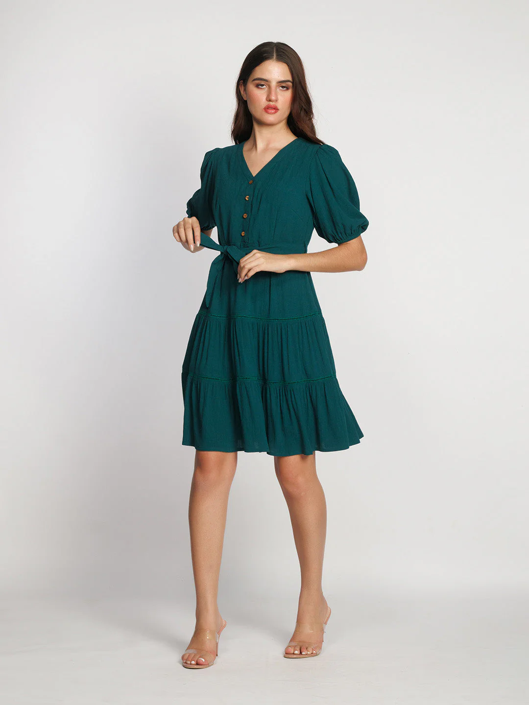 Dark Green Solid Flared Short Dress