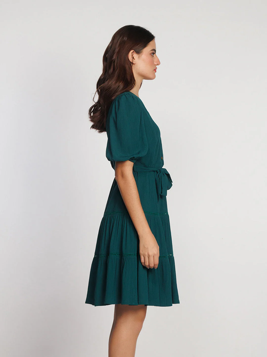 Dark Green Solid Flared Short Dress - Image 3