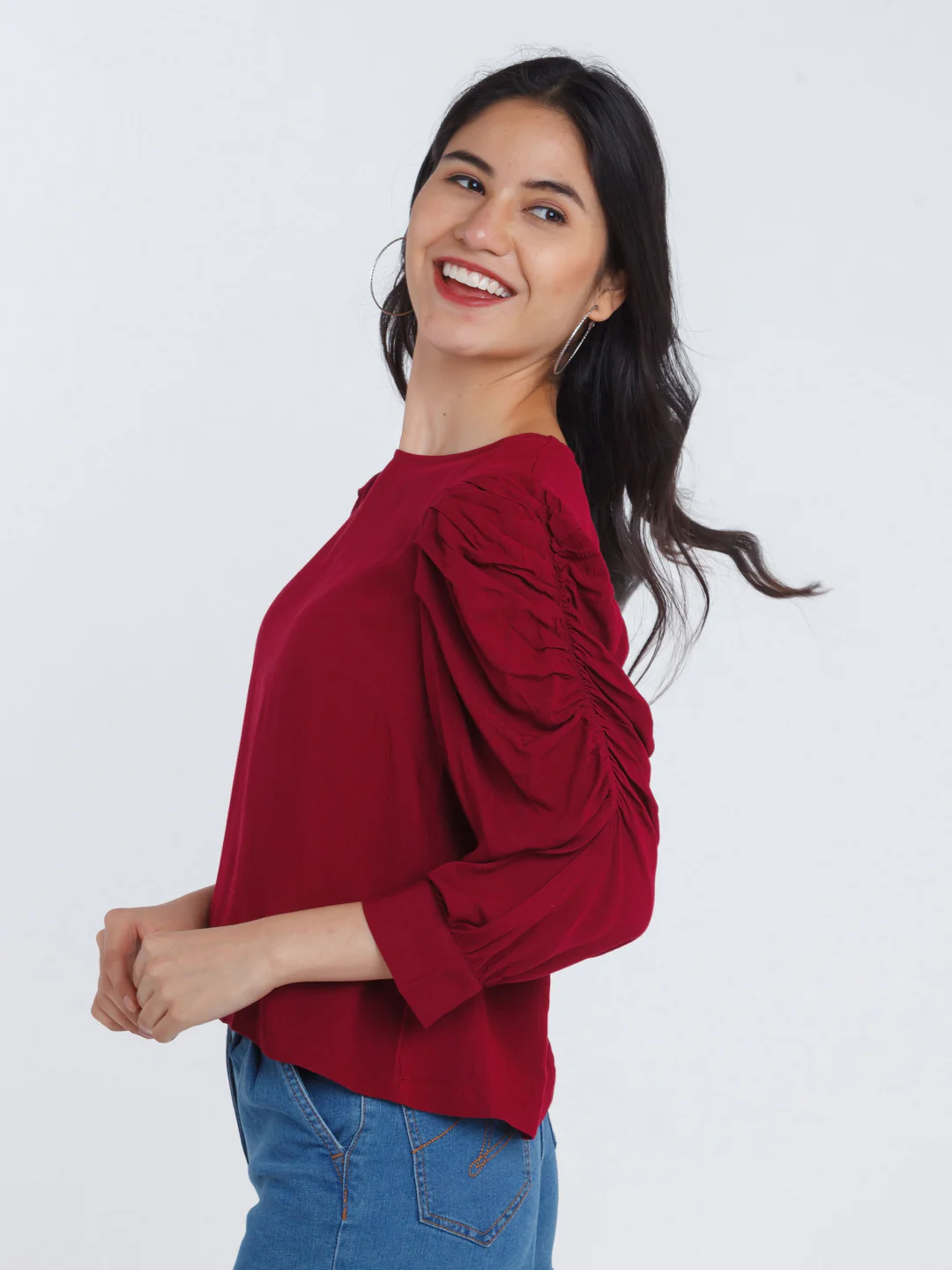 Maroon Solid Ruched sleeve Top - Image 3