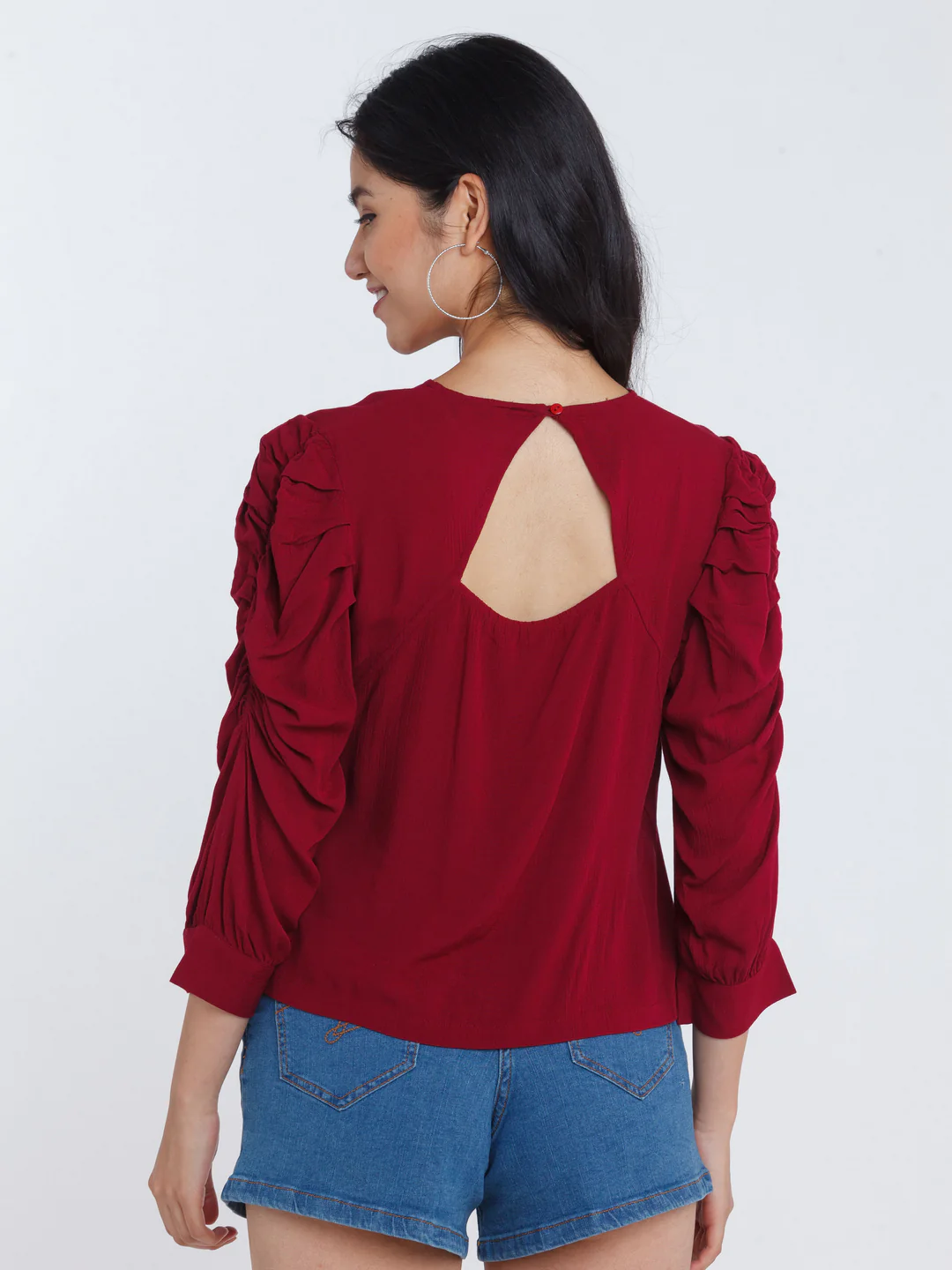 Maroon Solid Ruched sleeve Top - Image 4