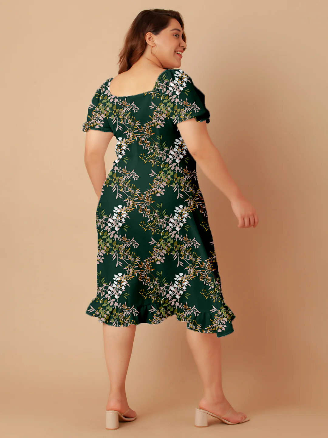 Dark Green Tropical Print A-Line Midi Dress - Image 5