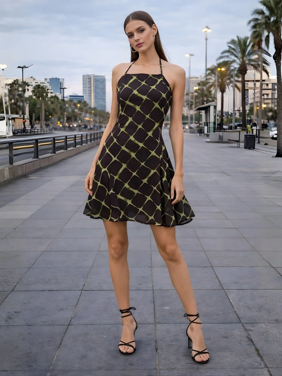 Green Geometric Shoulder Straps Mini Dress