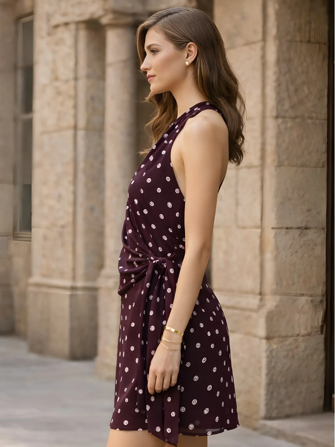 Brown Polka Dot Sleeveless Mini Dress - Image 3