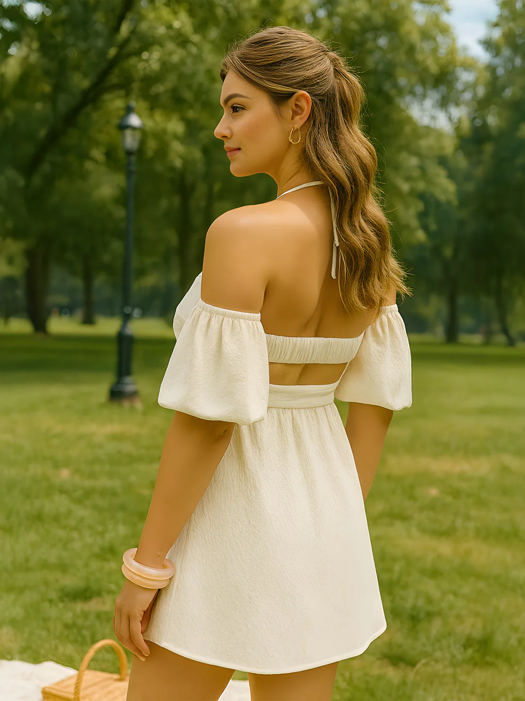 Off White Solid Off-Shoulder Mini Dress - Image 3