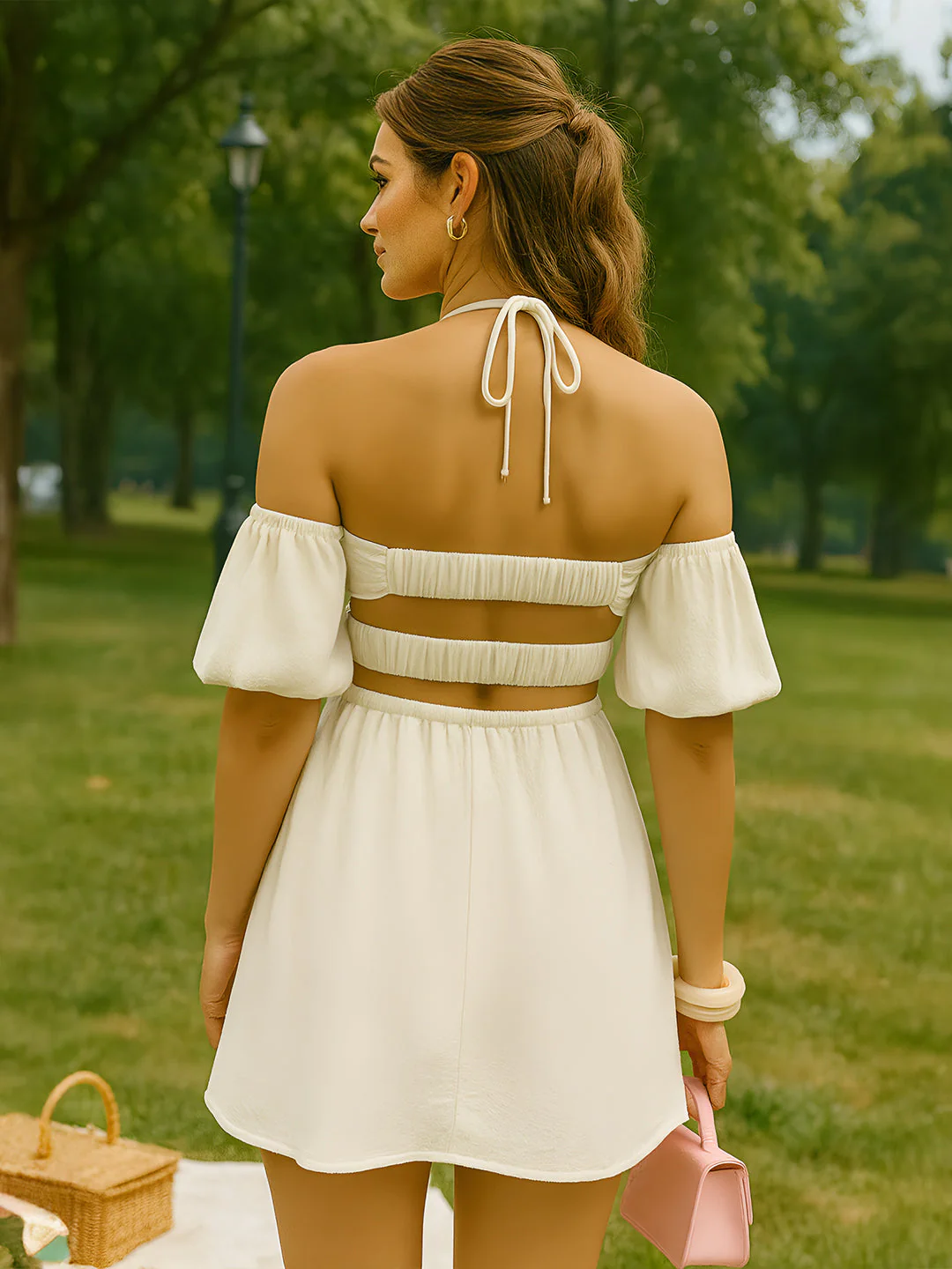 Off White Solid Off-Shoulder Mini Dress - Image 4