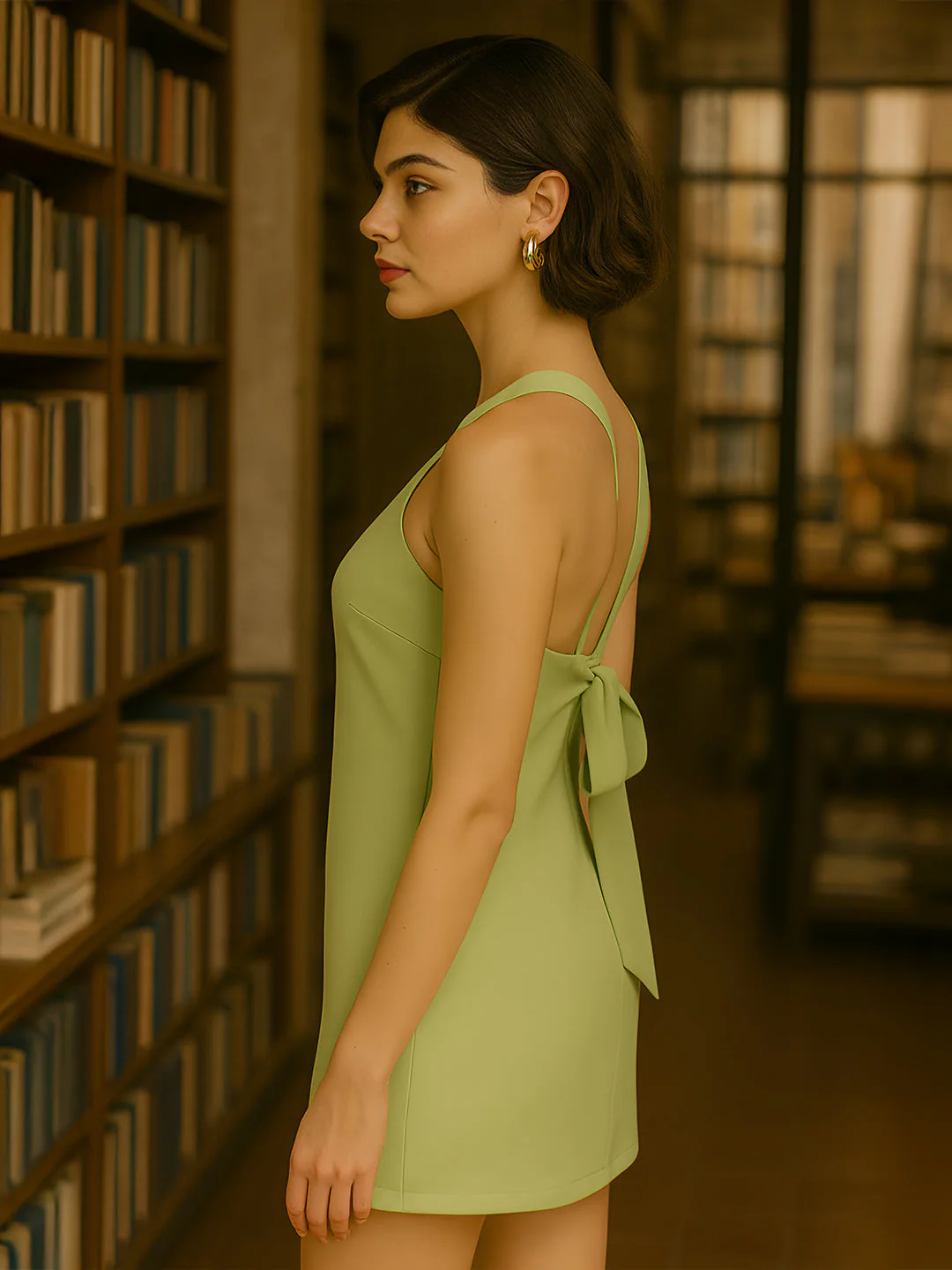 Green Solid Sleeveless Mini Dress - Image 3