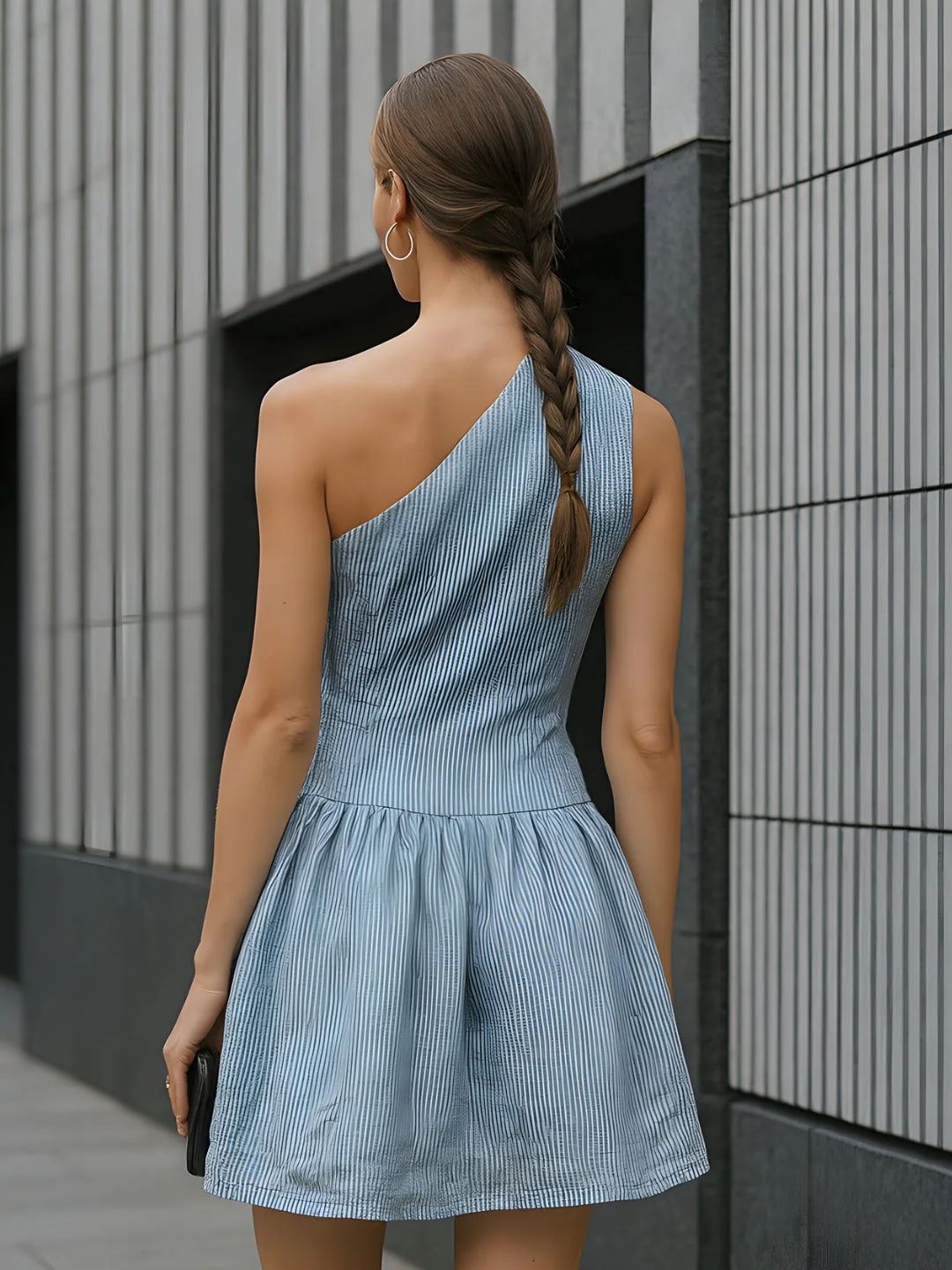 Blue Stripes One-Shoulder Mini Dress - Image 4