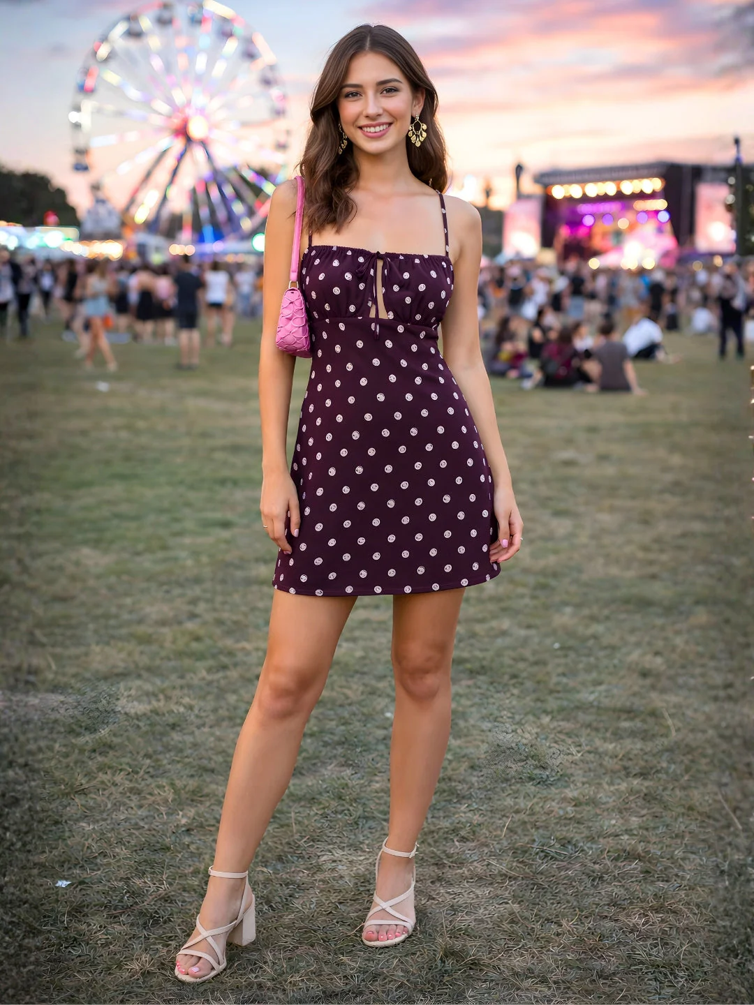 Brown Polka Dot Shoulder Straps Mini Dress