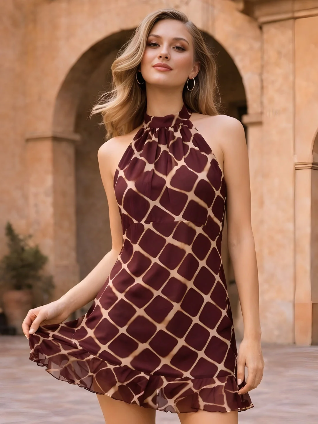 Brown Geometric Sleeveless Mini Dress - Image 2
