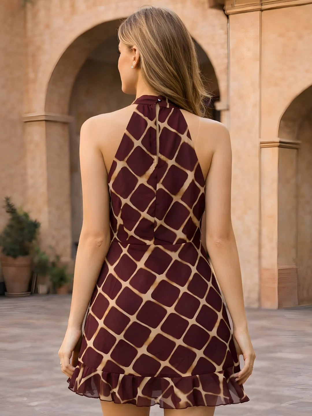 Brown Geometric Sleeveless Mini Dress - Image 4