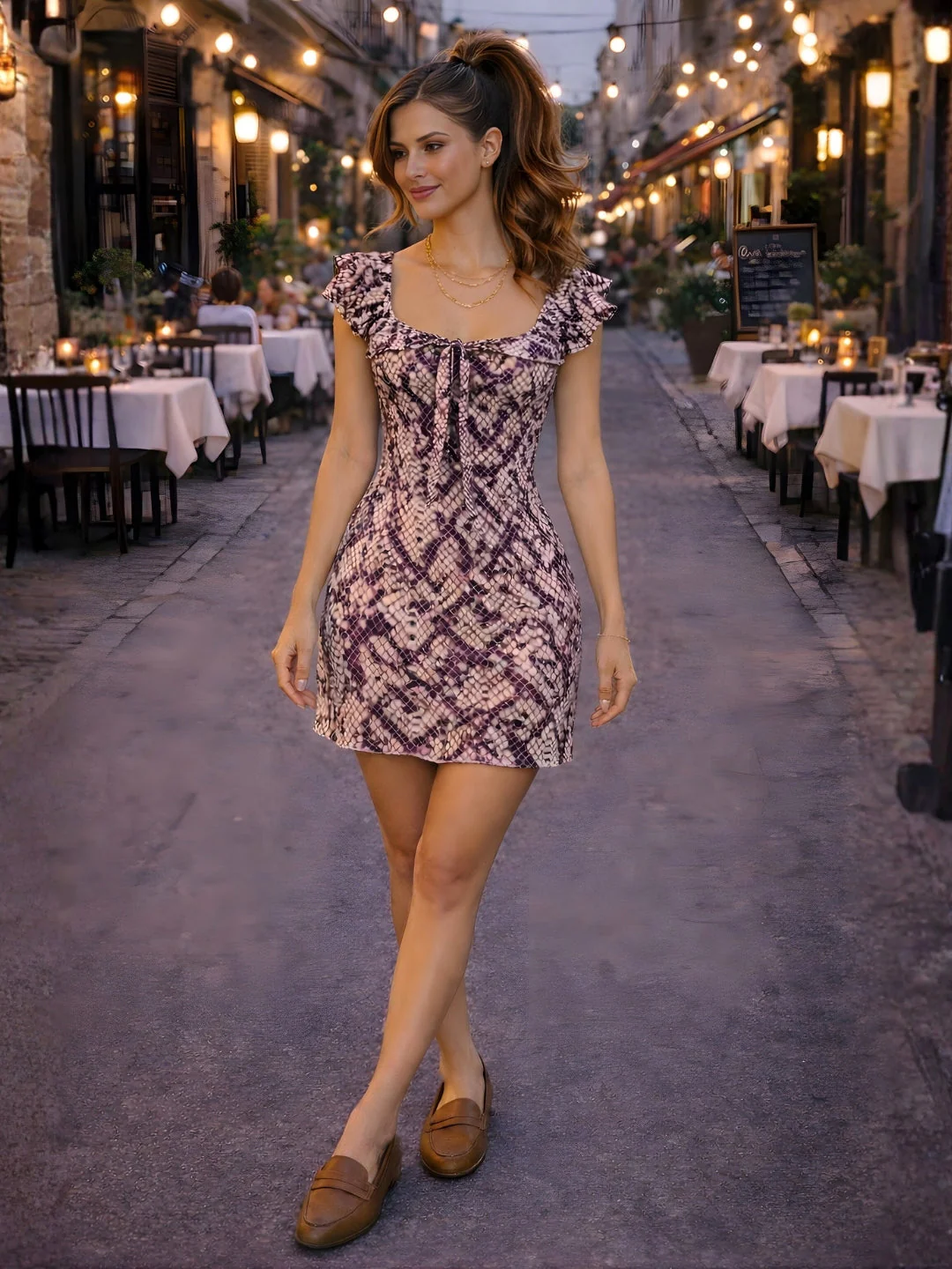 Brown Animal Print Shoulder Straps Mini Dress