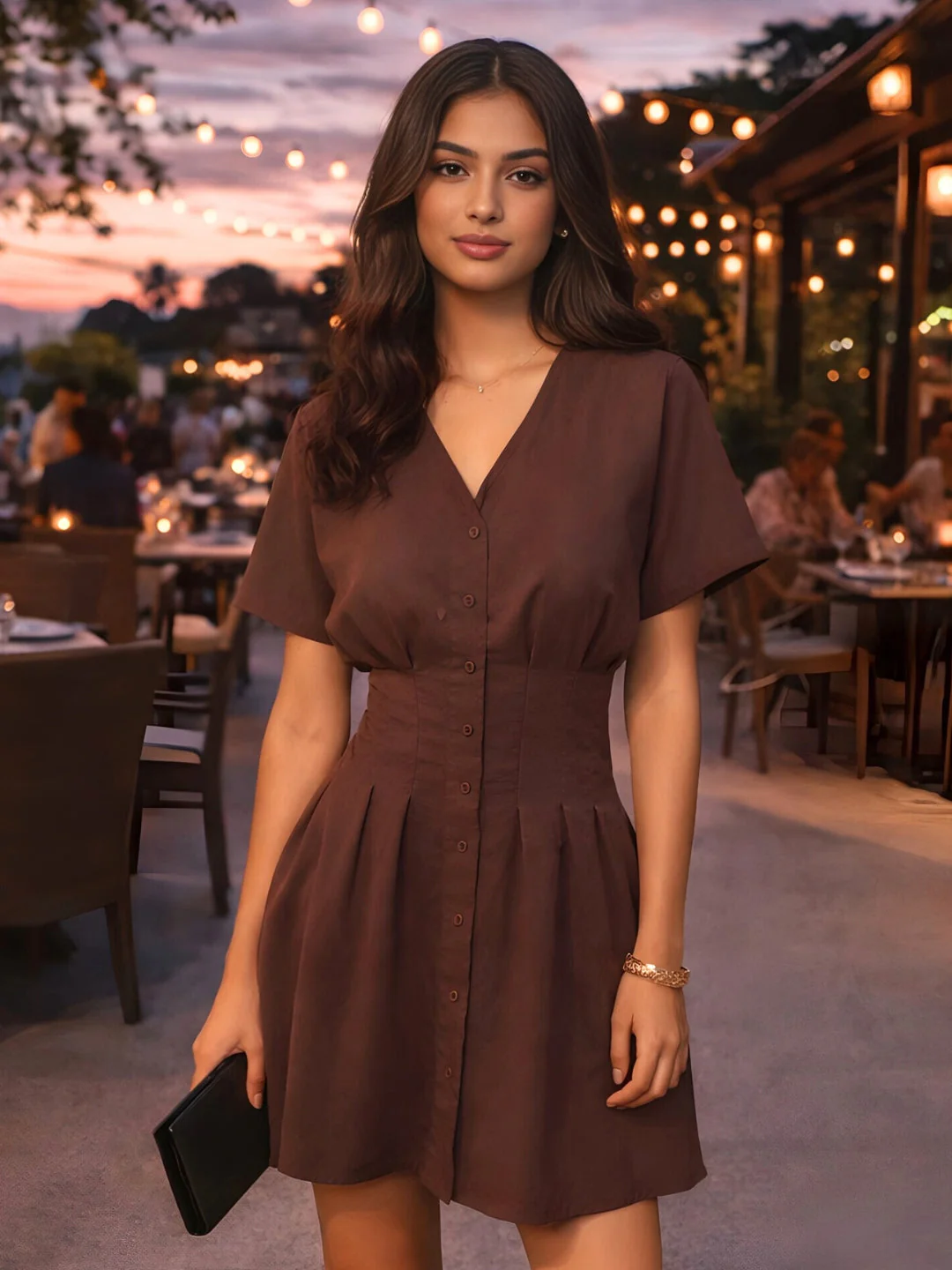 Brown Solid Short Sleeves Mini Dress - Image 2