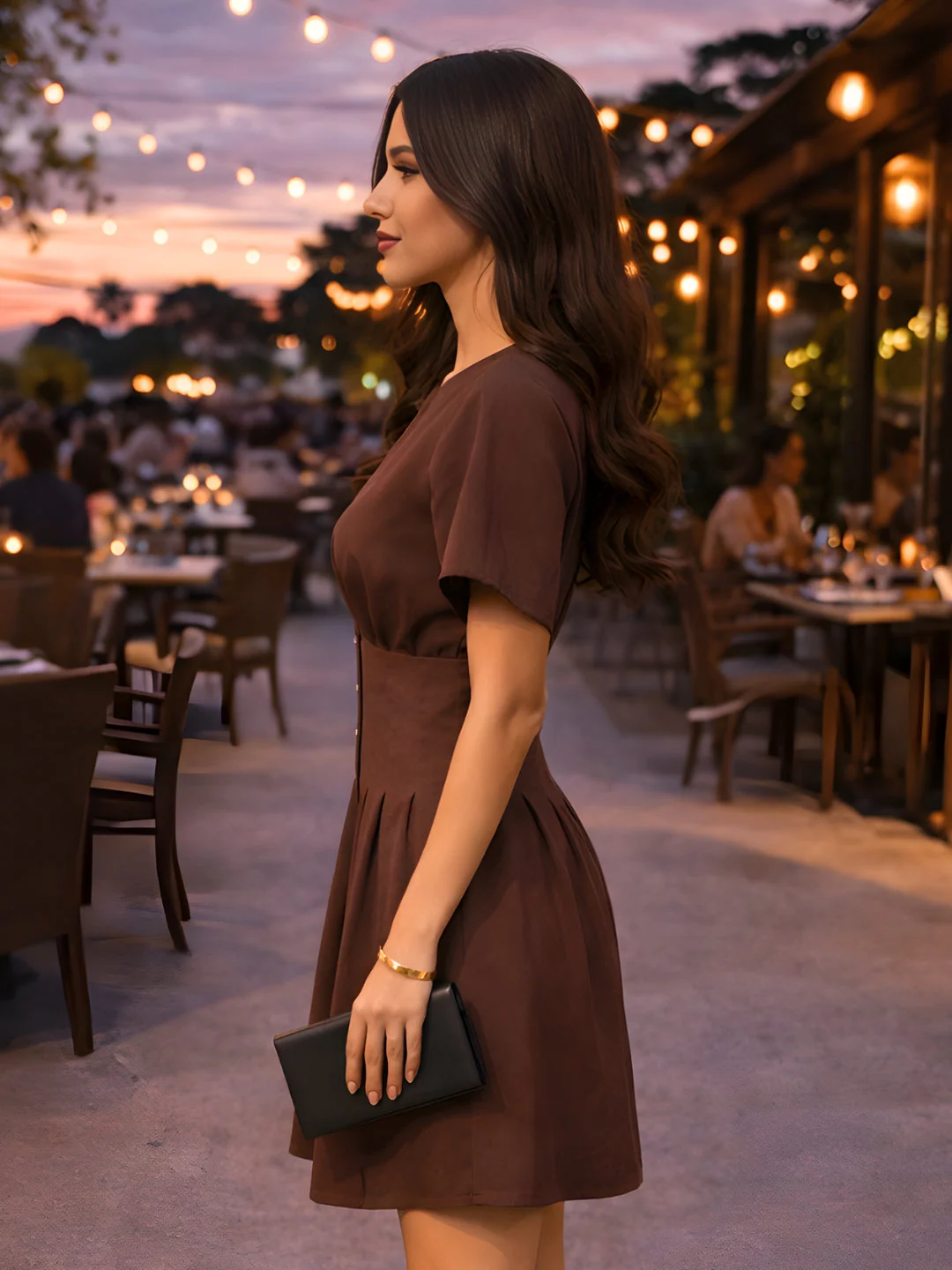 Brown Solid Short Sleeves Mini Dress - Image 3