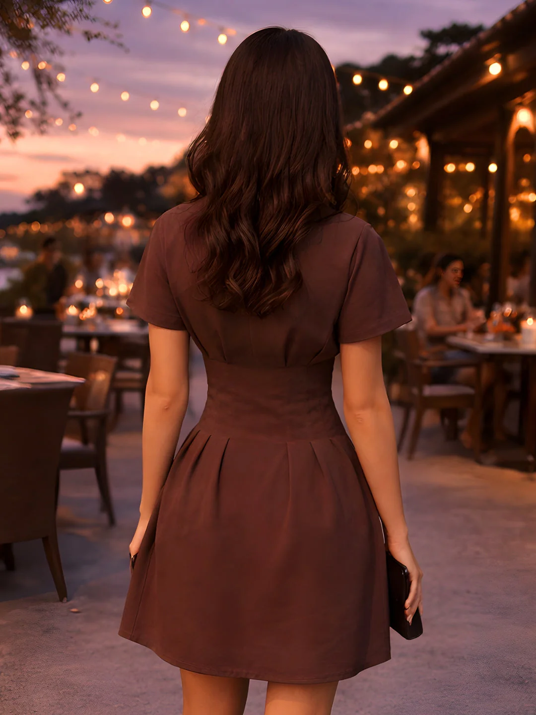Brown Solid Short Sleeves Mini Dress - Image 4