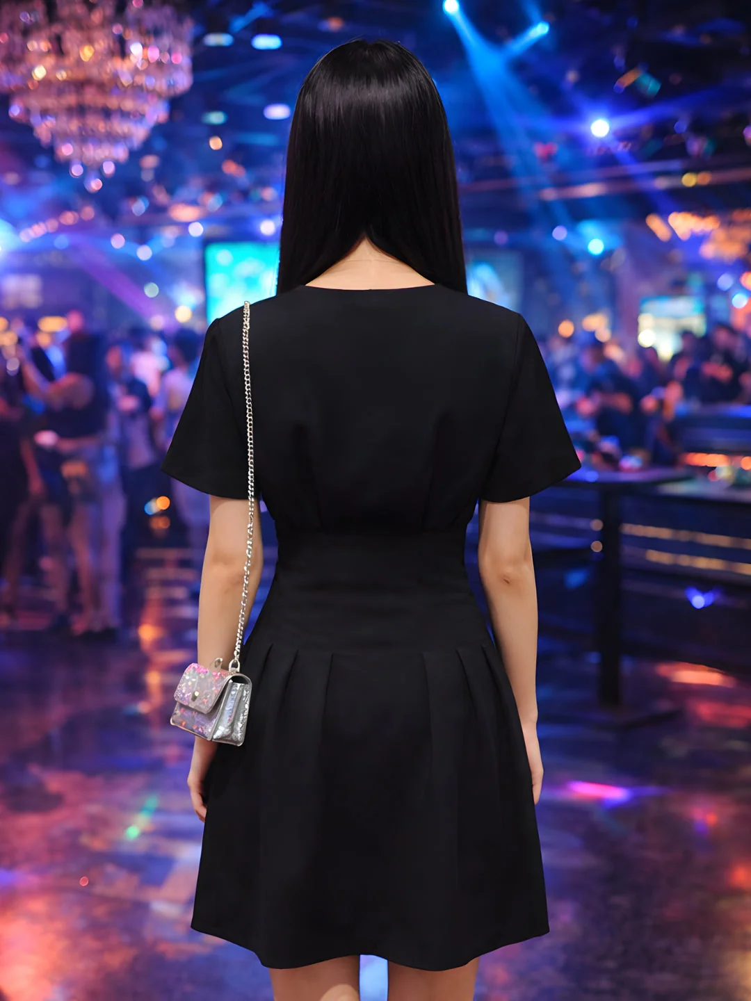 Black Solid Short Sleeves Mini Dress - Image 4