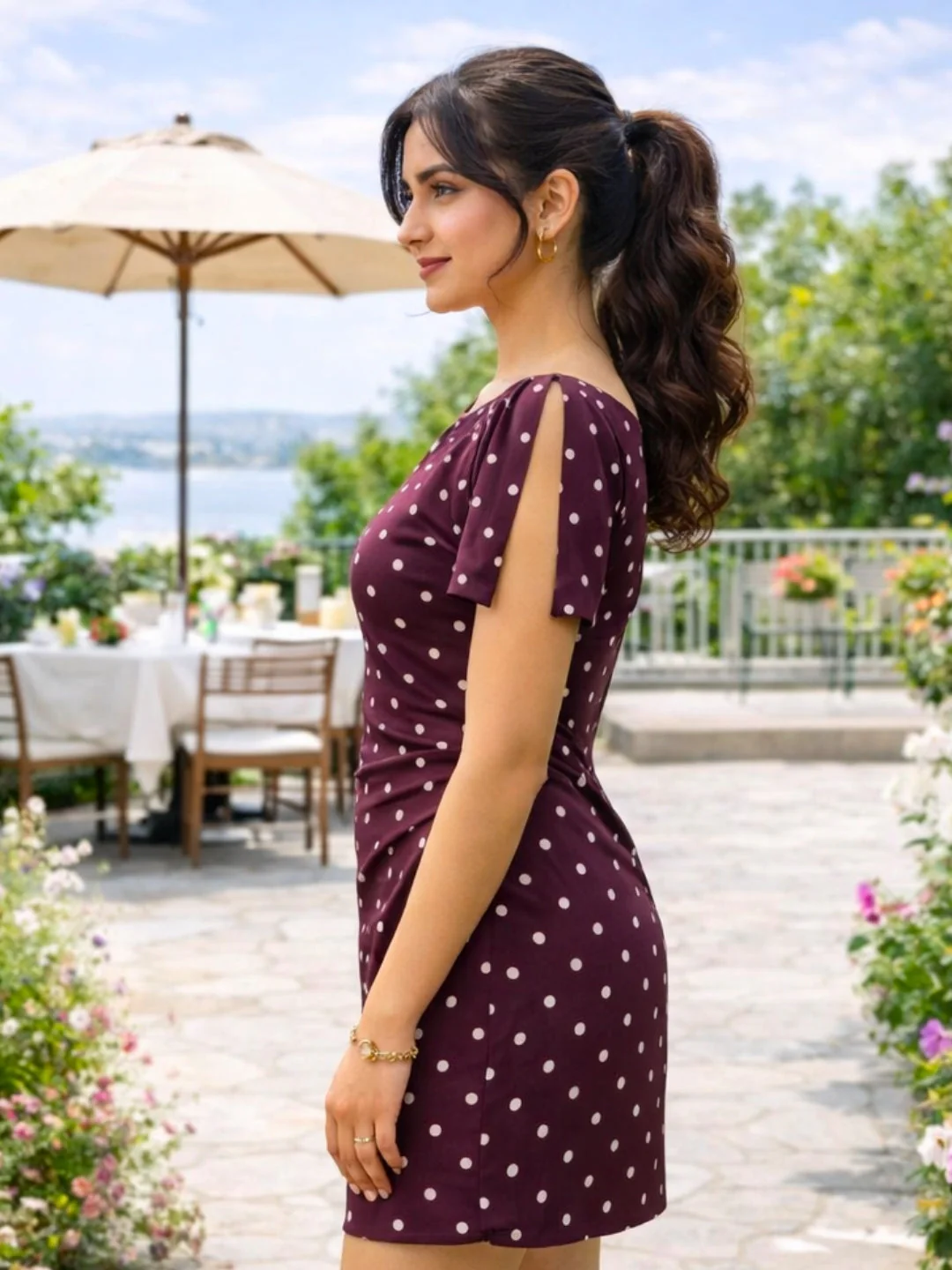 Brown Polka Dot Half Sleeves Mini Dress - Image 3