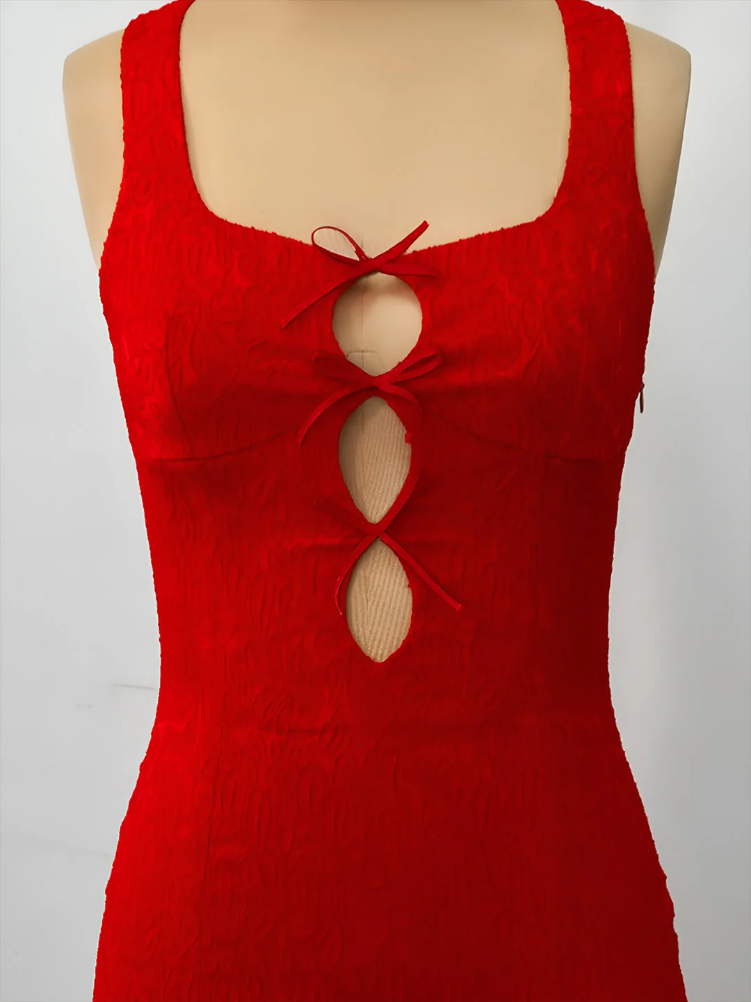 Red Self Design Shoulder Straps Mini Dress - Image 5