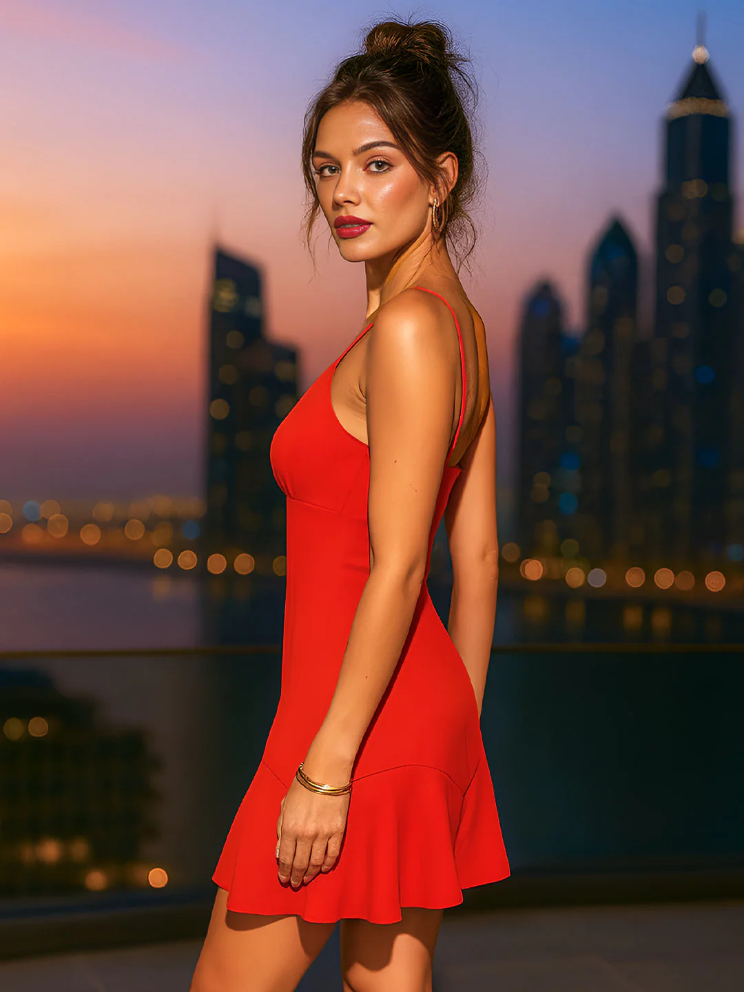 Red Solid Shoulder Straps Mini Dress - Image 3