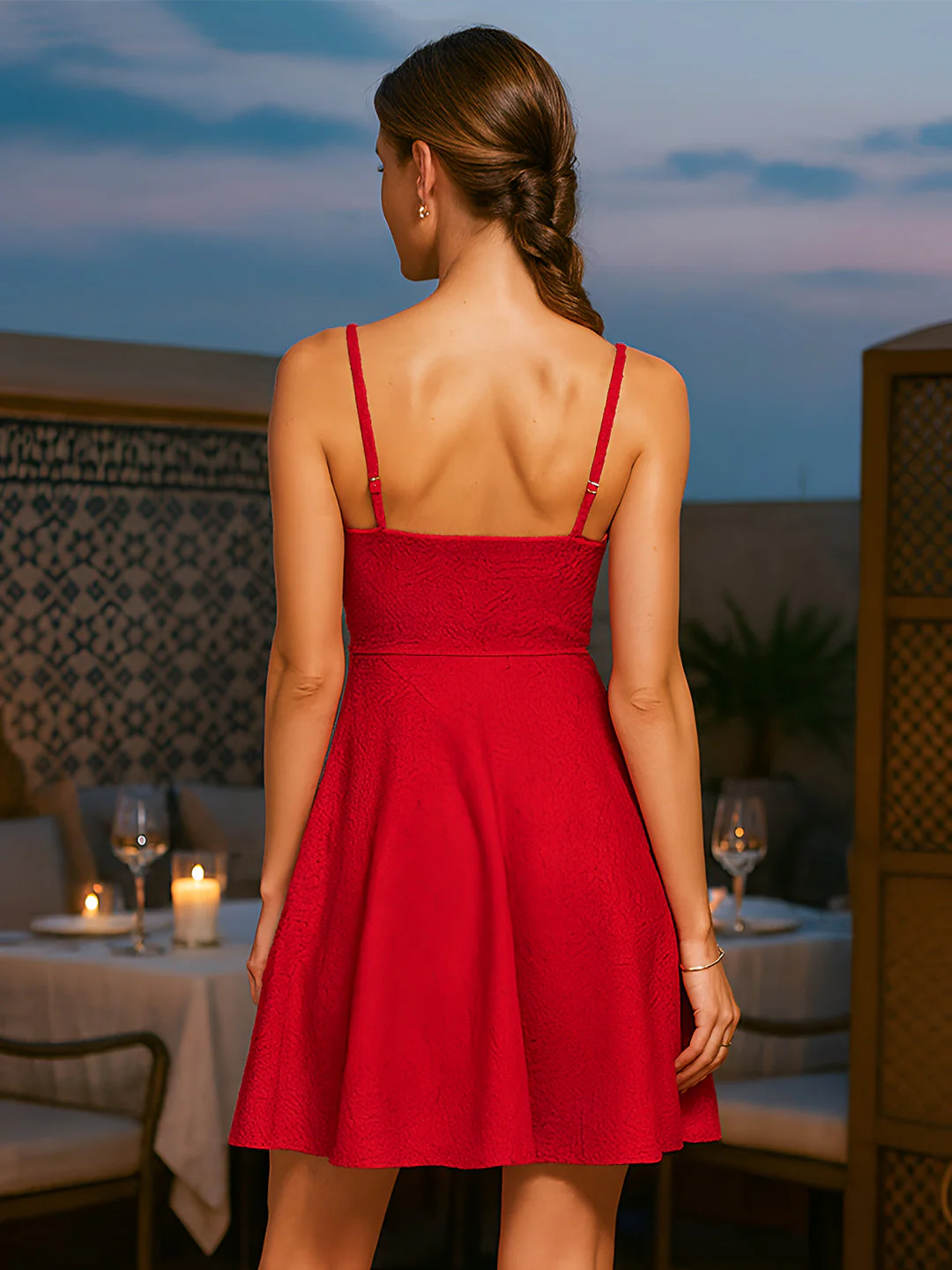 Red Self Design Shoulder Straps Mini Dress - Image 4