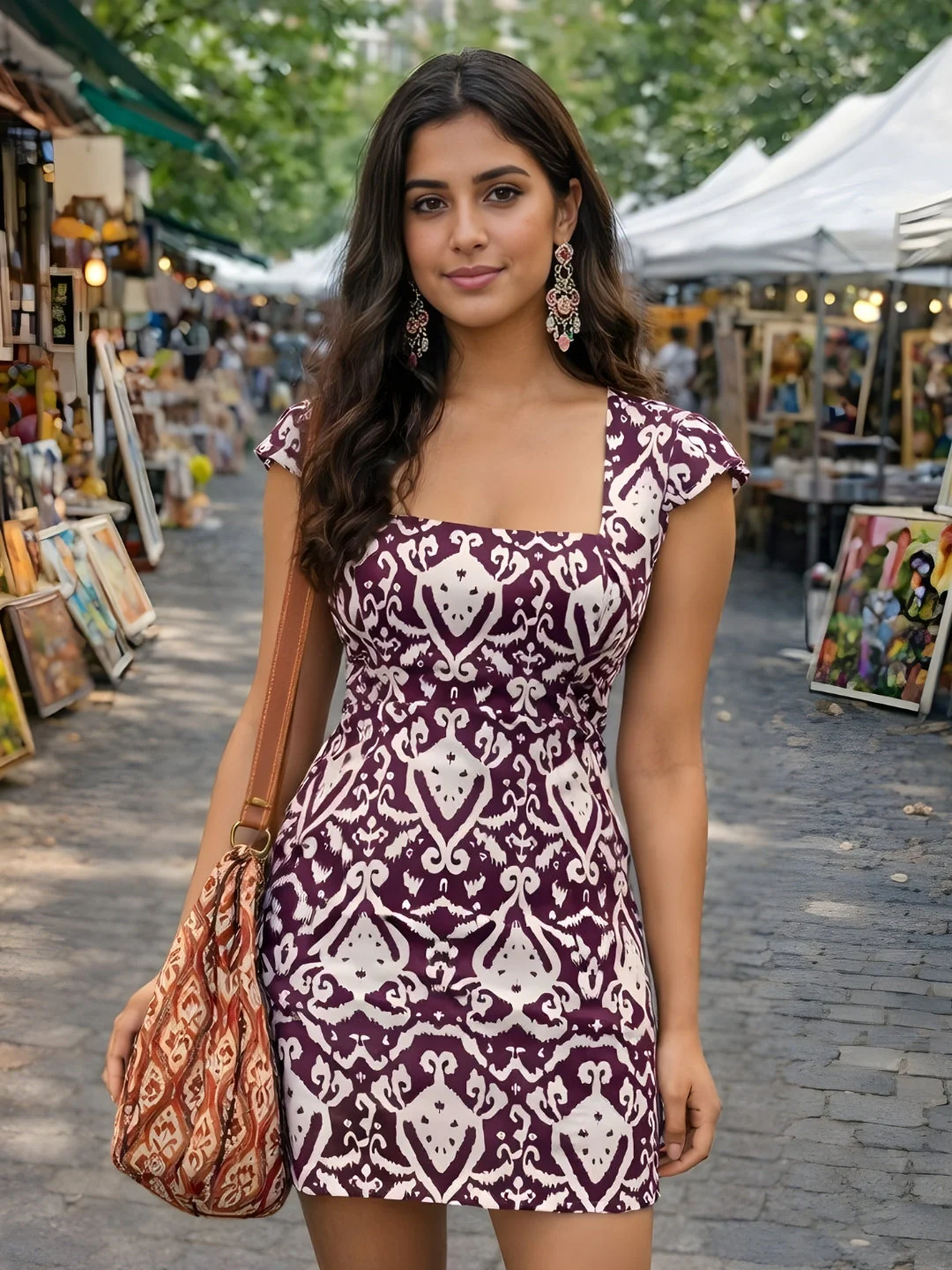 Brown Ethnic Motifs Short Sleeves Mini Dress - Image 2