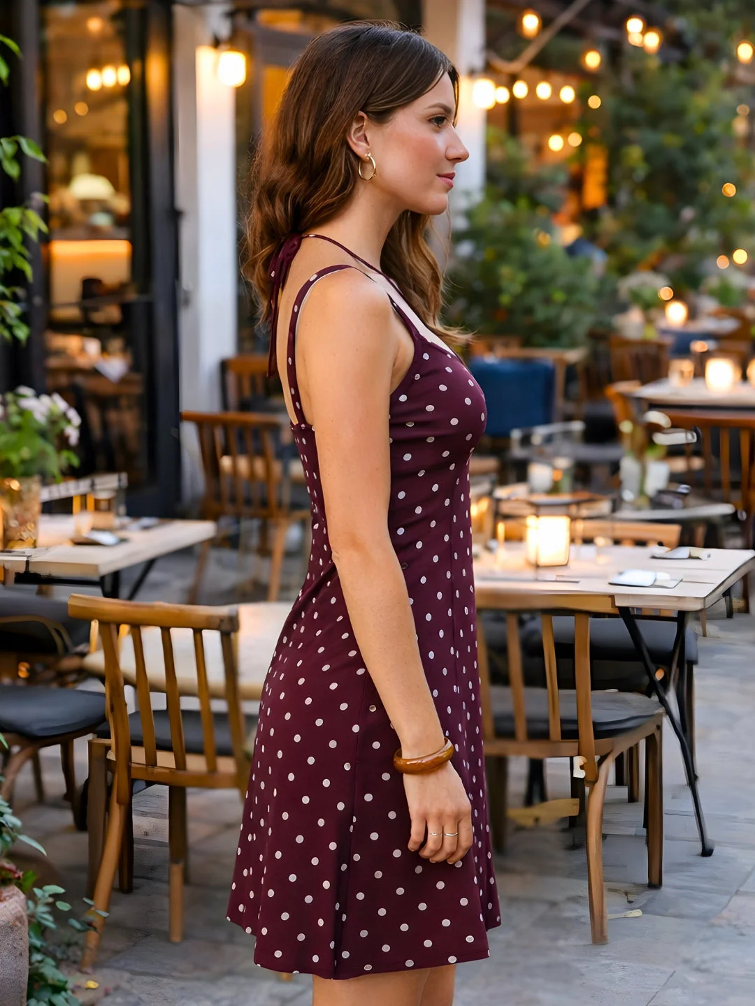 Brown Polka Dot (S) Shoulder Straps Mini Dress - Image 3