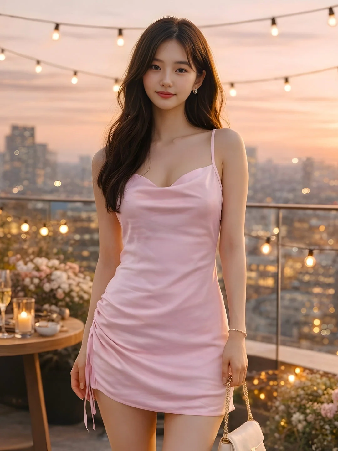 Pink Solid Shoulder Straps Mini Dress - Image 2