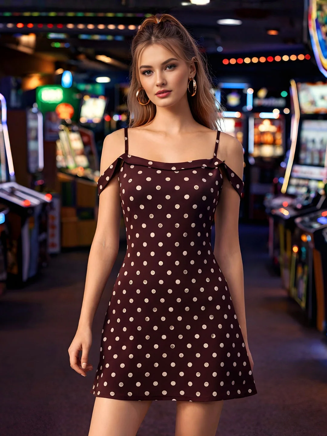 Brown Polka Dot Shoulder Straps Mini Dress - Image 2