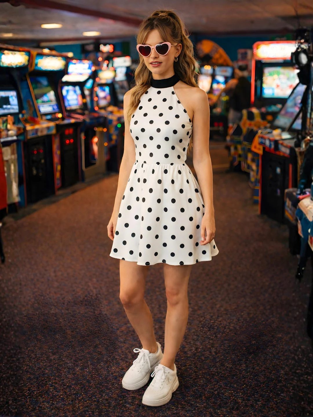 don't be basic White Polka Dot Sleeveless Mini Dress