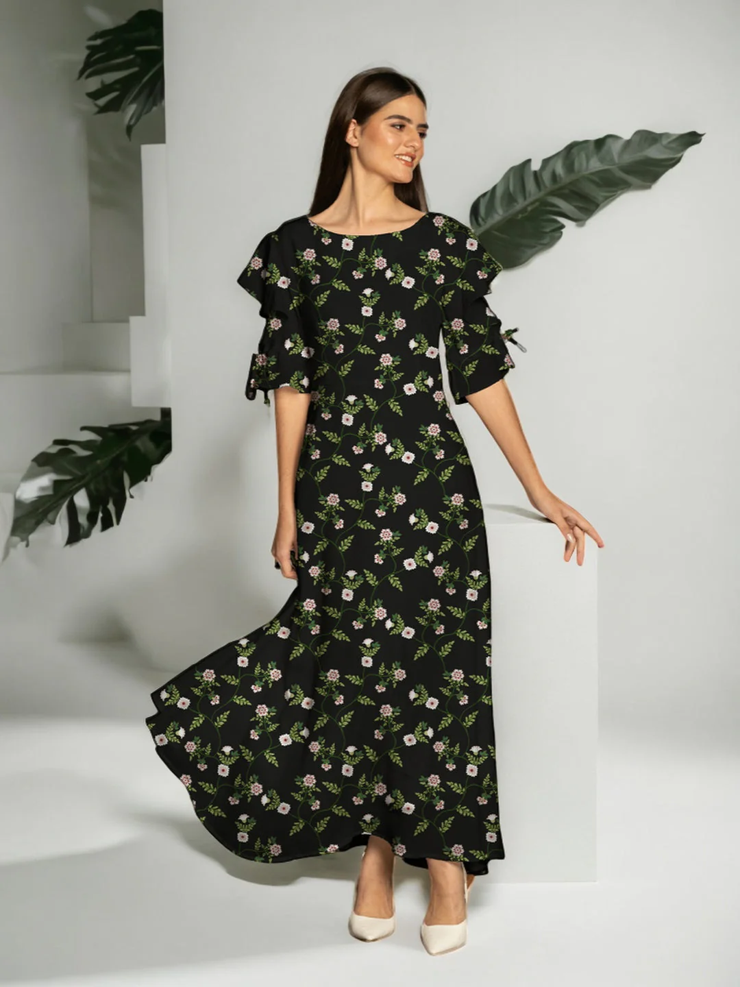 Black Floral Print Flared Maxi Dress