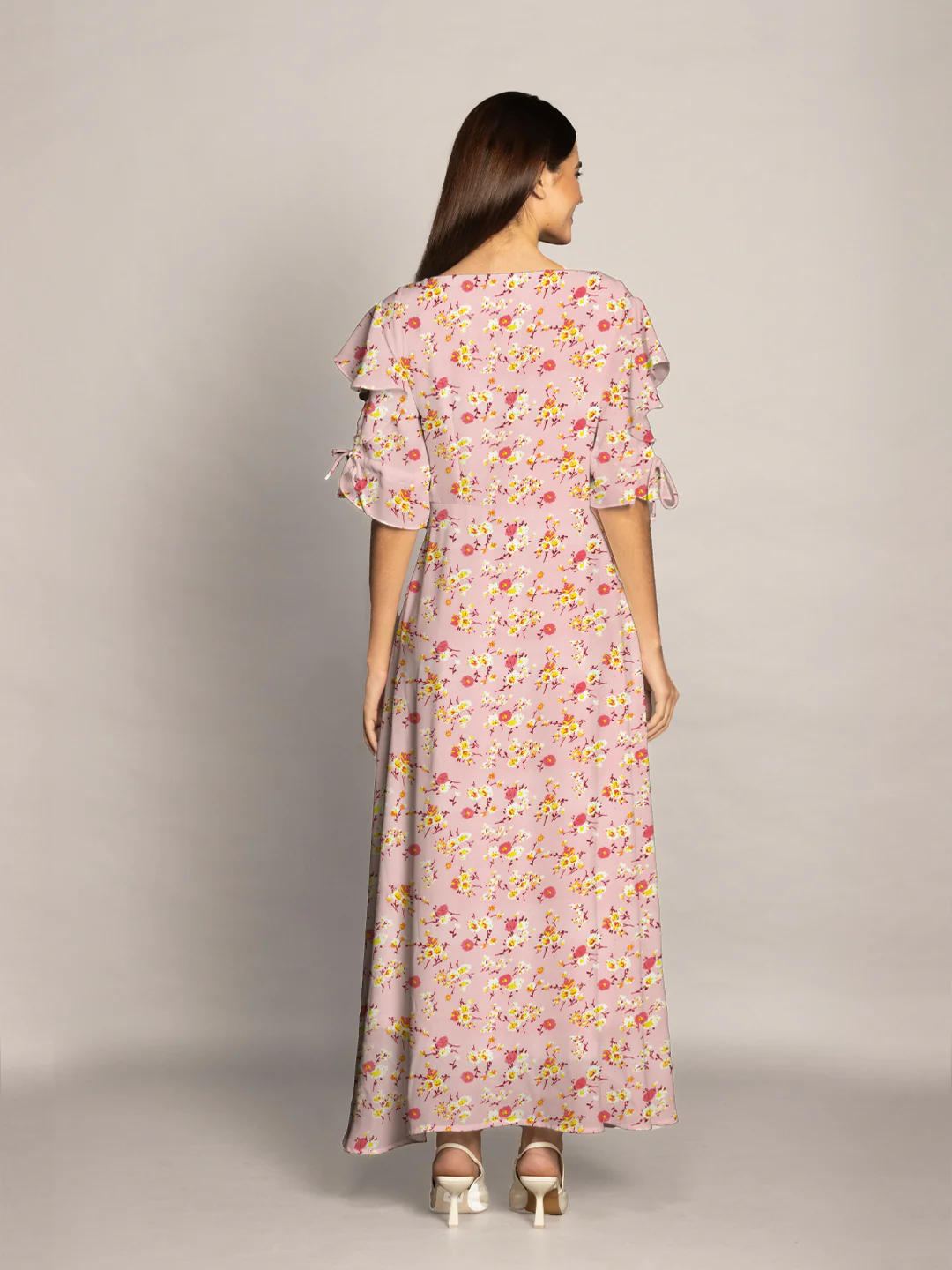 Pink Floral Print Flared Maxi Dress - Image 4