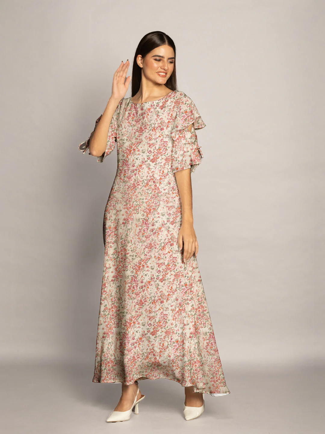 Beige Floral Print Flared Maxi Dress - Image 2