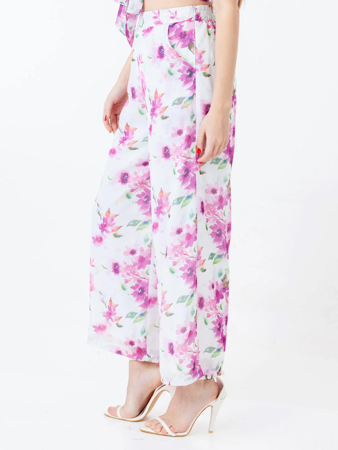 White Floral Print Straight Palazzo - Image 3
