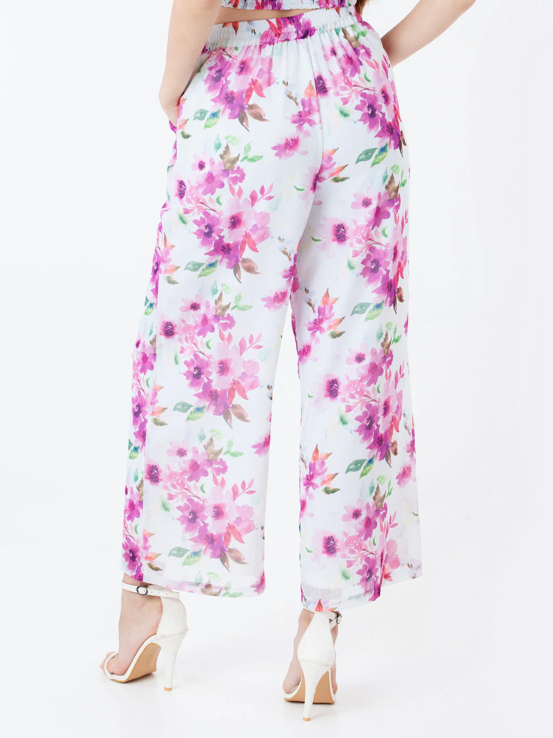 White Floral Print Straight Palazzo - Image 4