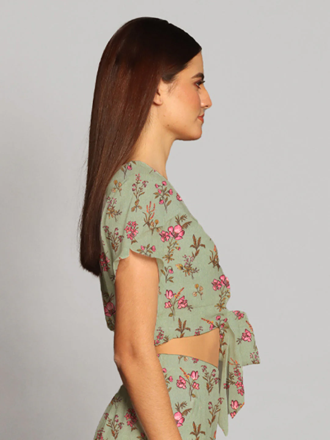 Mint Green Floral Print Tie-Up Crop Top - Image 3