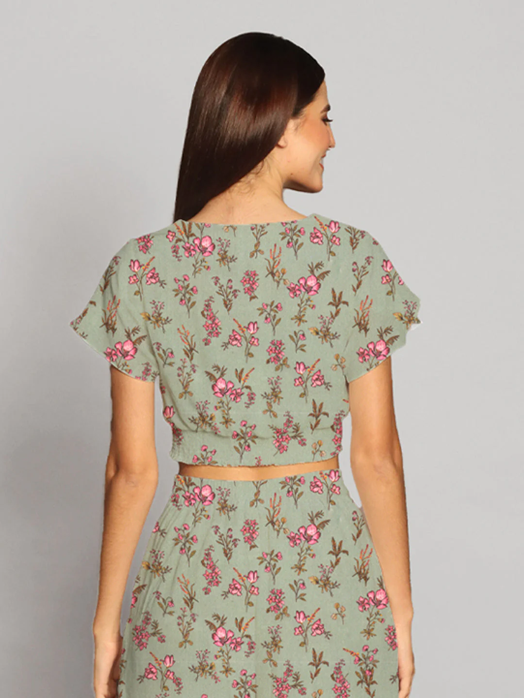 Mint Green Floral Print Tie-Up Crop Top - Image 4